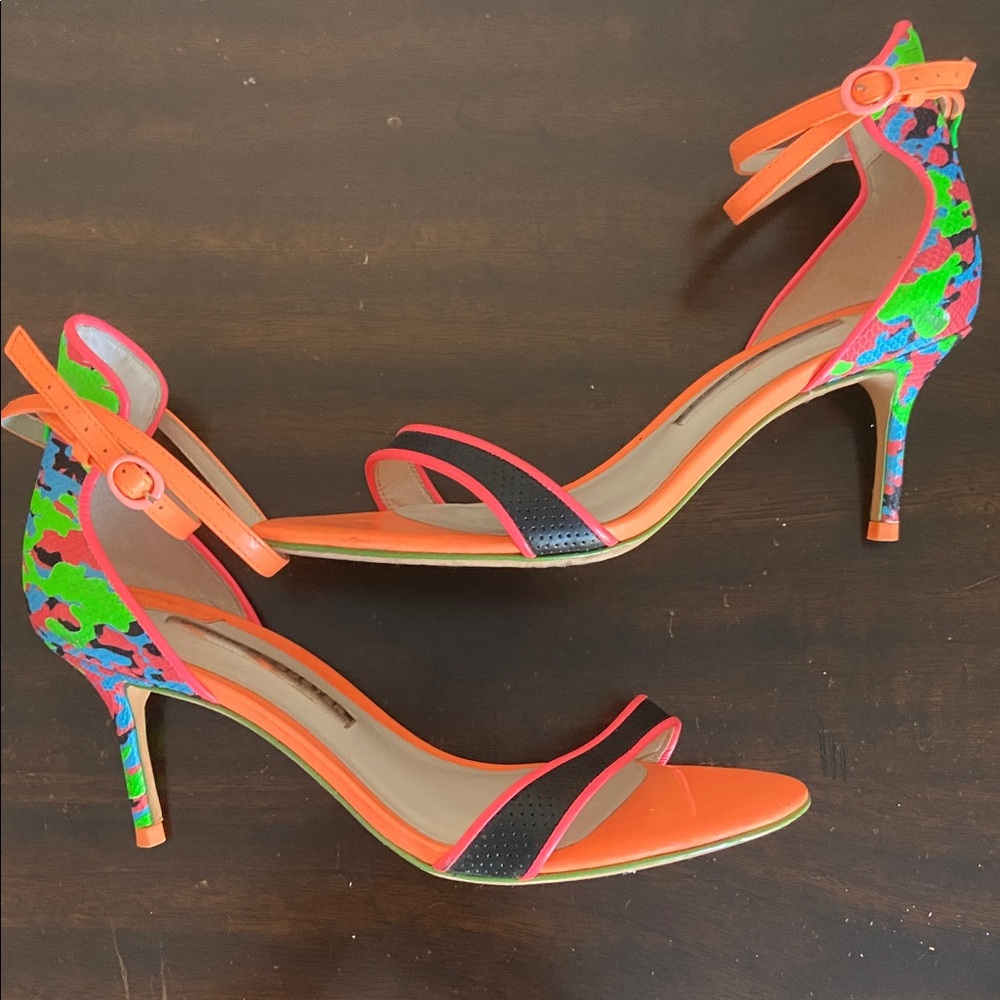 Sophia Webster Neon Orange Pink Green Mixed-Print Ankle-Strap Heels - Picture 7 of 9